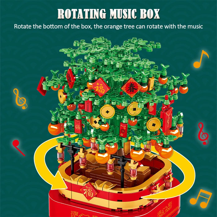 494PCS City Rotating Light Music Box Kumquat Tree Building Blocks Friends New Year Potted Plants Bricks Toys For Kids Gift
