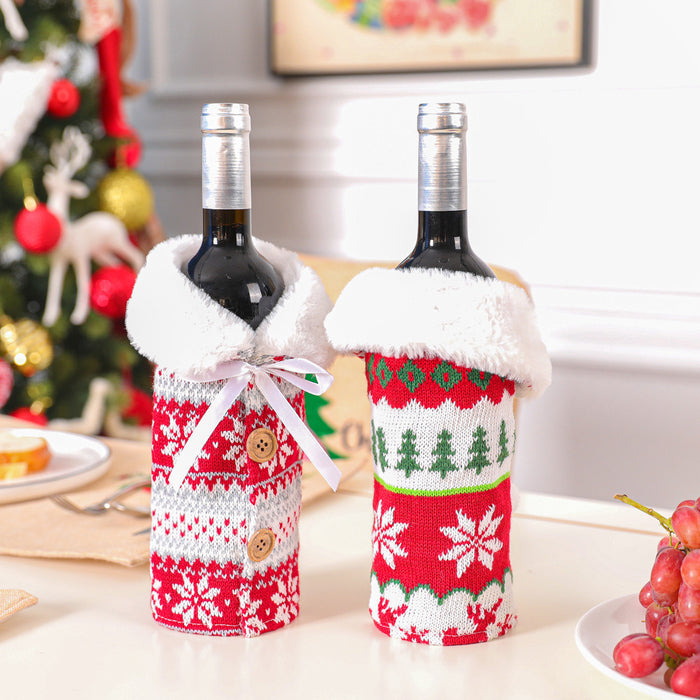 Nordic Knitted Elk Snowflake Wine Bottle Cover Christmas Decoration Fur Ball Wine Bottle Cover Home Supplies