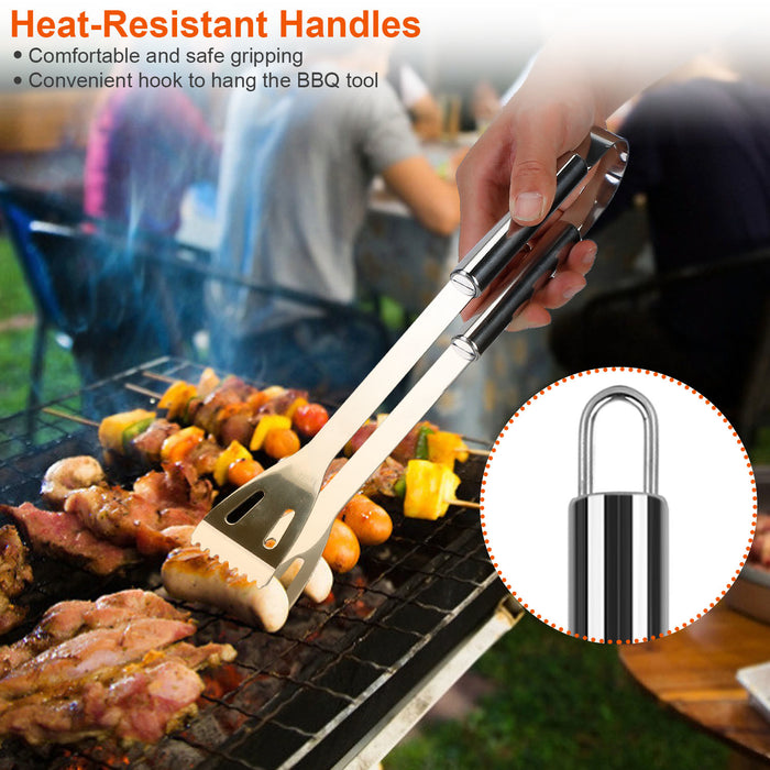 Stainless Steel BBQ Grill Tool Kit Grilling Utensil Accessories with Spatula Tongs Fork Knife Brush Pepper Salt Shaker Bottle Grilled Skewers Corn Needles