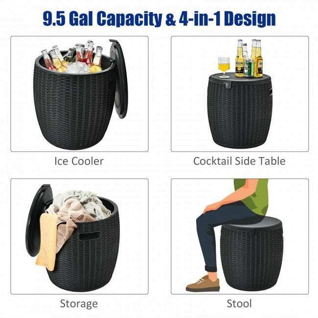 9.5 Gallon 4-in-1 Patio Rattan Cool Bar Cocktail Table Side Table XH