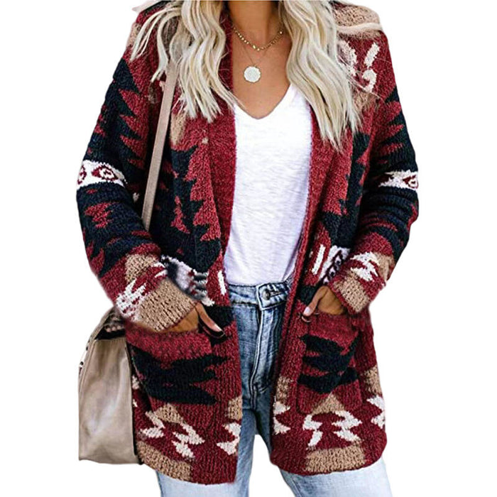 Open Front Sweater Christmas Print Knit Cardigan