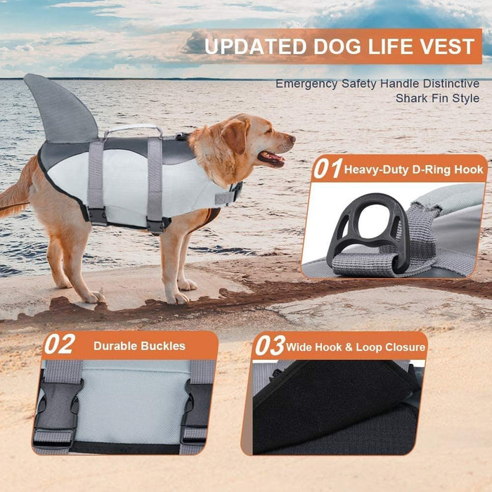 Dog Life Jacket Shark; Dog Lifesaver Vests with Rescue Handle for Small Medium and Large Dogs; Pet Safety Swimsuit Preserver for Swimming Pool Beach Boating
