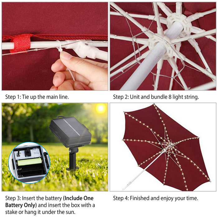 Solar Umbrella Lights Outdoor Parasol String Light 8 Lighting Mode Waterproof 104 LED 8 Bundles Warm White