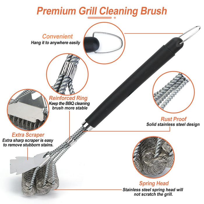 BBQ Grill Cleaning Brush Stainless Steel Barbecue Cleaner Scraper 16.5in Handle Stiff Wire Bristles For Grill Cooking Grates