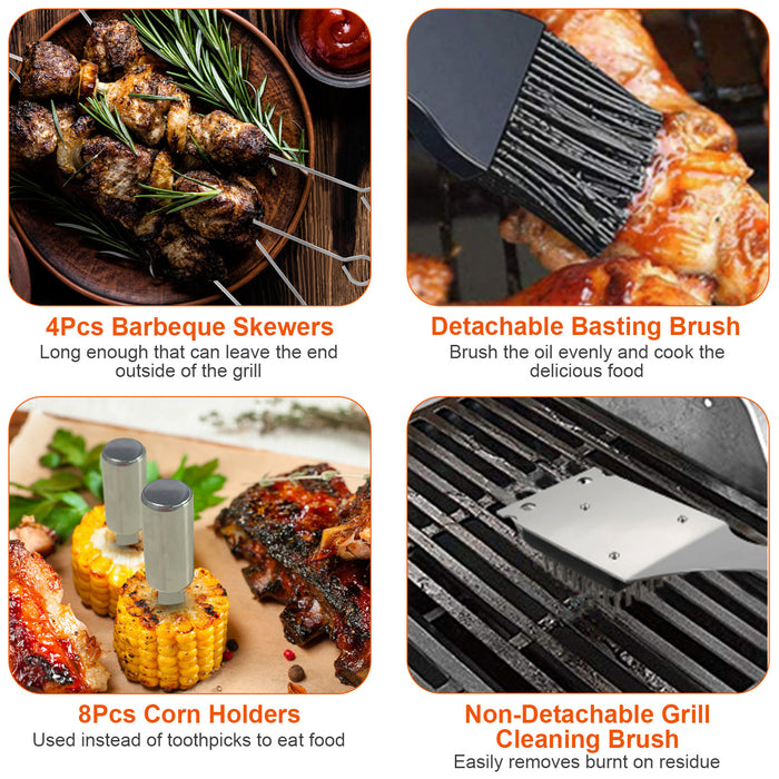 Stainless Steel BBQ Grill Tool Kit Grilling Utensil Accessories with Spatula Tongs Fork Knife Brush Pepper Salt Shaker Bottle Grilled Skewers Corn Needles