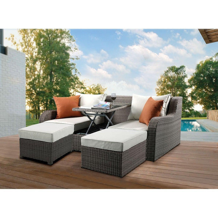 Salena Patio Sectional & 2 Ottomans (2 Pillows) in Beige Fabric & Gray Wicker