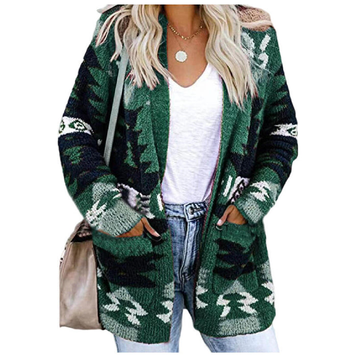 Open Front Sweater Christmas Print Knit Cardigan