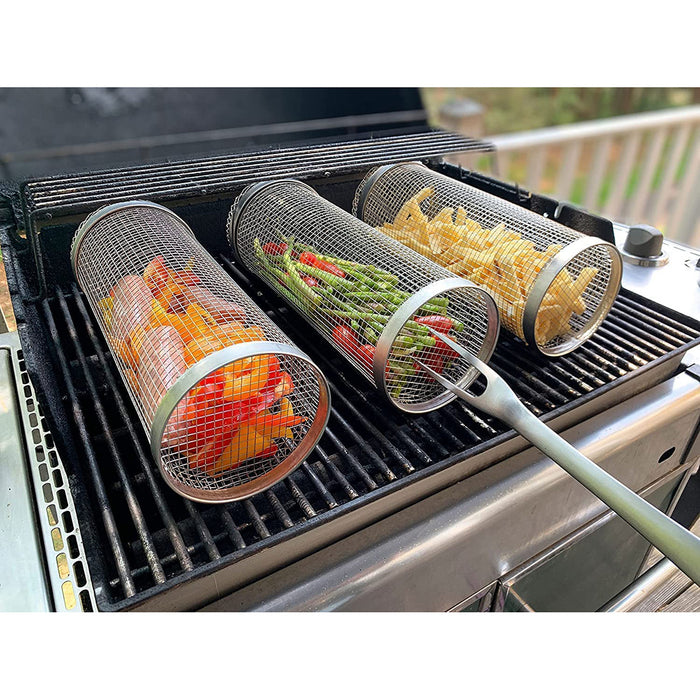 1PCS Rolling Grilling Basket - Round Stainless Steel BBQ Grill Mesh