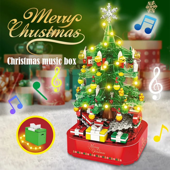 City Christmas Tree Rotating Music Box Building Blocks Friends Santa Claus LED Light Shining Xmas Bricks Toys For Children Girls