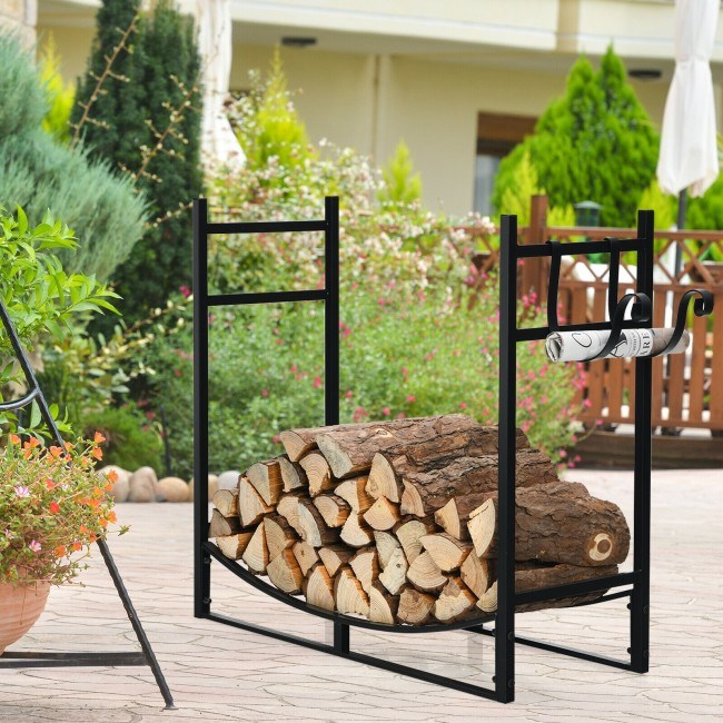 33 Inch Firewood Rack with Removable Kindling Holder Steel Fireplace Wood