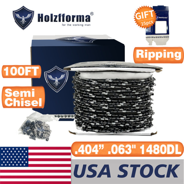 Holzfforma® 100FT Roll .404' .063'' Semi Chisel Ripping Saw Chain With 40 Sets Matched Connecting links and 25 Boxes