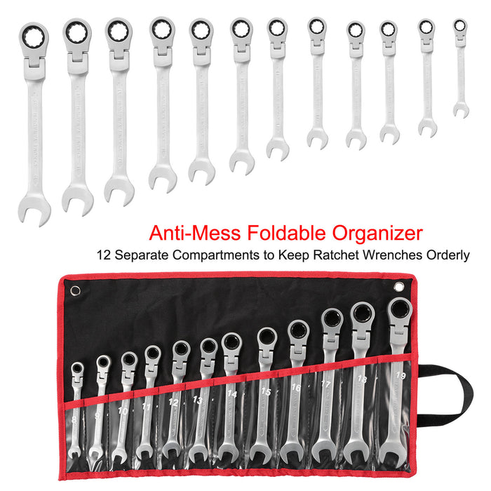 12Pc 8-19mm Metric Combination Wrench Flexible Head Ratchet Wrench Set Spanner Tool Set