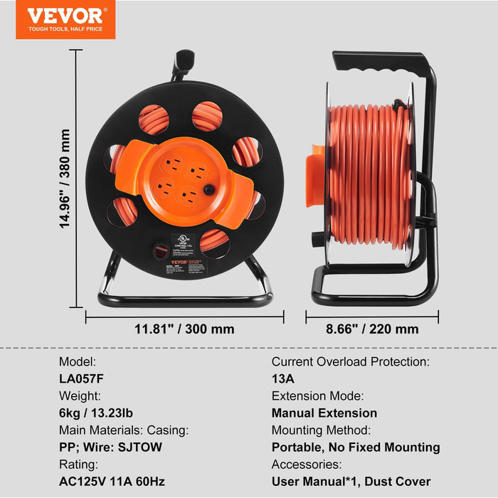 VEVOR Extension Cord Reel, 100FT, with 4 Outlets and Dust Cover, Heavy Duty 14AWG SJTOW Power Cord, Manual Cord Reel with Portable Handle Circuit Breaker, for Outdoor Indoor Toolshed Garage, UL Listed