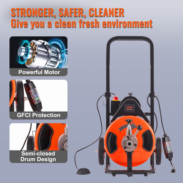 VEVOR Drain Cleaning Machine 75 FT x 1/2 Inch, Sewer Snake Machine Auto Feed, Drain Auger Cleaner with 4 Cutter & Air-Activated Foot Switch for 1" to 4" Pipes