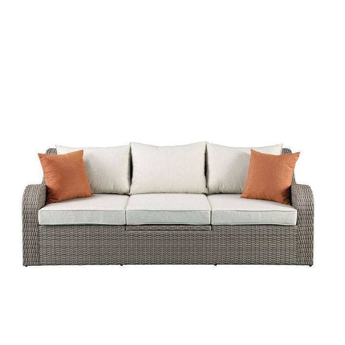 Salena Patio Sectional & 2 Ottomans (2 Pillows) in Beige Fabric & Gray Wicker