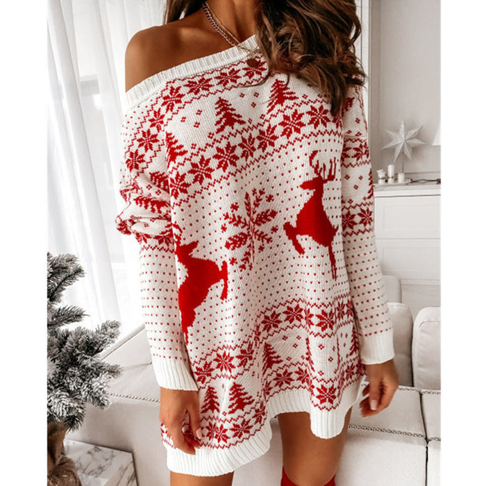Autumn and Winter New Knitted Sweater Women Wild Christmas Jacquard Loose Knitted Long Sleeve Dress