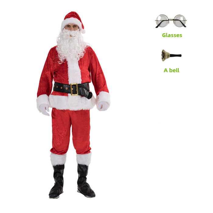 Christmas Red Fleece Warm 7-piece Set Santa Claus Classic Hat Tops Belt Pants Shoe Covers Gloves Whiskers Bell Glasses Gift Bag