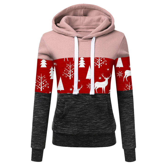 Women's Autumn and Winter New Christmas Print Color Matching Long-sleeved Hooded Drawstring Sweater