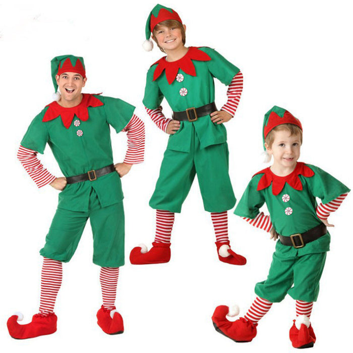 Children'S Adult Christmas Elf Costume Parent-Child Costume Cosplay Halloween Elf Men And Women Green Christmas Dress