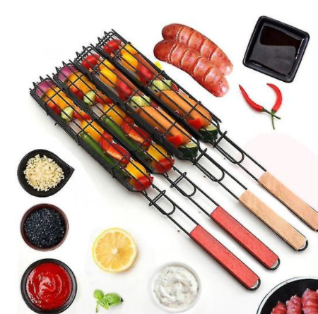 Grill Cage Sausage Grill Barbecue Clip Mesh With Wooden Handle Bbq