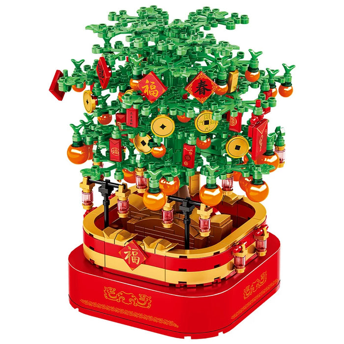 494PCS City Rotating Light Music Box Kumquat Tree Building Blocks Friends New Year Potted Plants Bricks Toys For Kids Gift