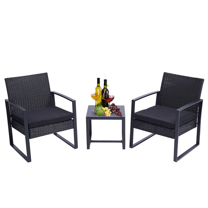 3 Pieces Patio Set Outdoor Wicker Patio Furniture Sets Modern Set Rattan Chair Conversation Sets with Coffee Table for Yard and Bistro (Black) RT
