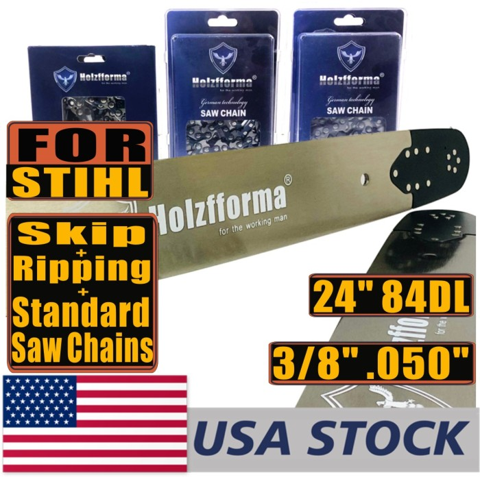 Holzfforma® Pro 24 or 25inch 3/8 .050 84DL Solid Guide Bar & Standard Ripping Skip Saw Chain Combo For Stihl MS360 MS361 MS362 MS380 MS390 MS440 MS441 MS460 MS461 MS660 MS661 MS650 Chainsaw