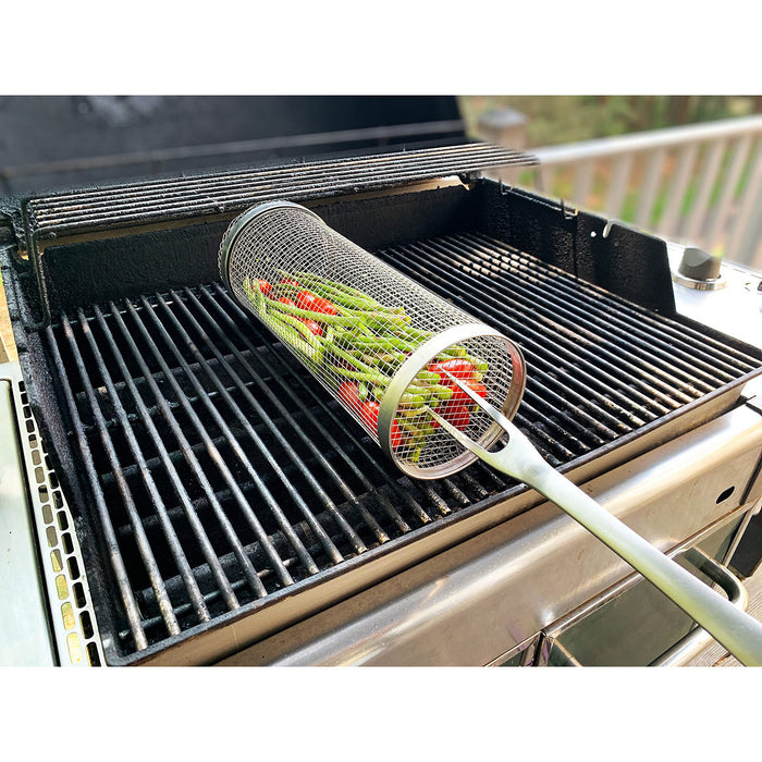 1PCS Rolling Grilling Basket - Round Stainless Steel BBQ Grill Mesh