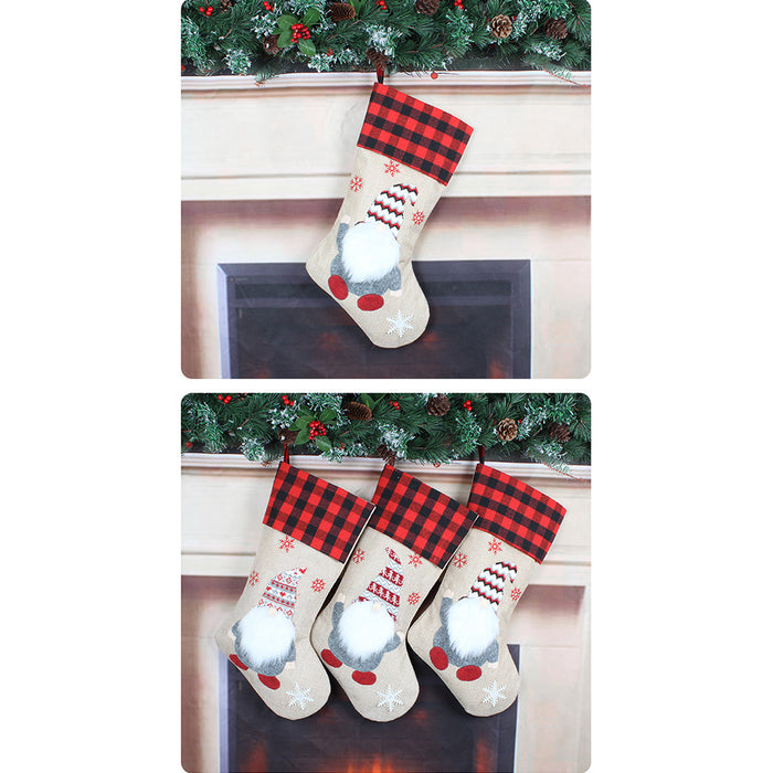 Christmas Stockings 19" Xmas Plaid Gnome Santa Stocking for Home Party Decoration