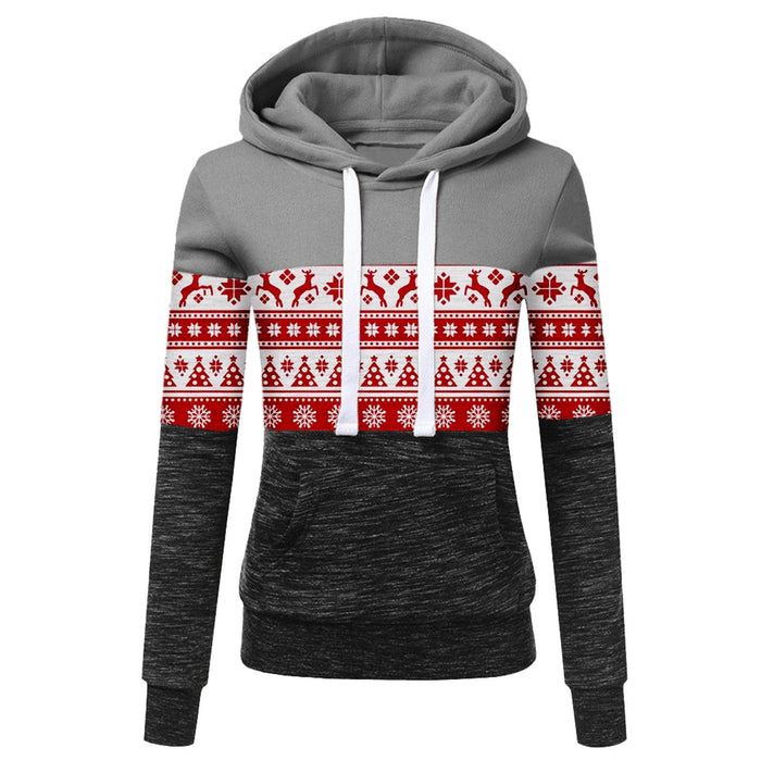 Autumn and Winter New Women's Clothing Christmas Print Color Matching Plus Fleece Hooded Sweater Women