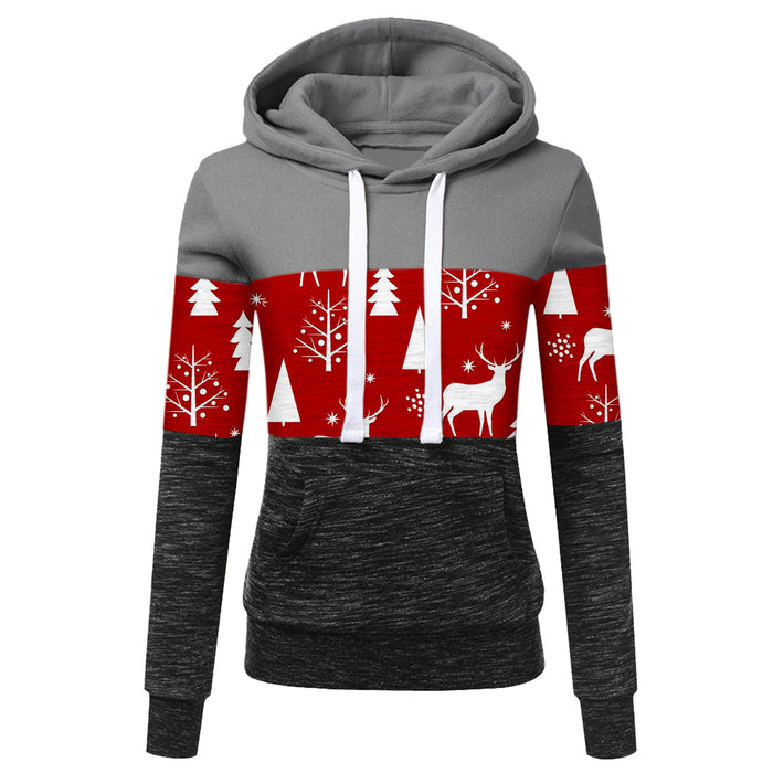 Women's Autumn and Winter New Christmas Print Color Matching Long-sleeved Hooded Drawstring Sweater