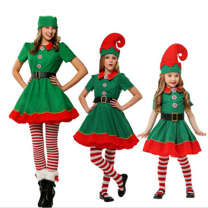 Children'S Adult Christmas Elf Costume Parent-Child Costume Cosplay Halloween Elf Men And Women Green Christmas Dress