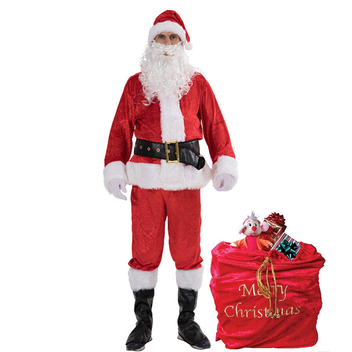 Christmas Red Fleece Warm 7-piece Set Santa Claus Classic Hat Tops Belt Pants Shoe Covers Gloves Whiskers Bell Glasses Gift Bag