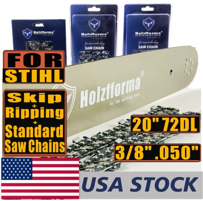 Holzfforma® Pro 20inch 3/8 .050 72DL Solid Guide Bar & Standard Ripping Skip Saw Chain Combo Compatible With Stihl MS360 MS361 MS362 MS380 MS390 MS440 MS441 MS460 MS461 MS660 MS661 MS650 Chainsaw