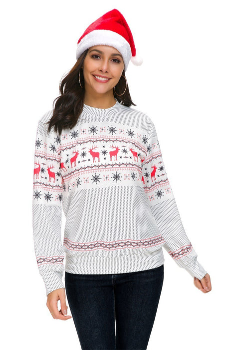 Christmas round neck polka dot snowflake deer Christmas print long sleeve sweater