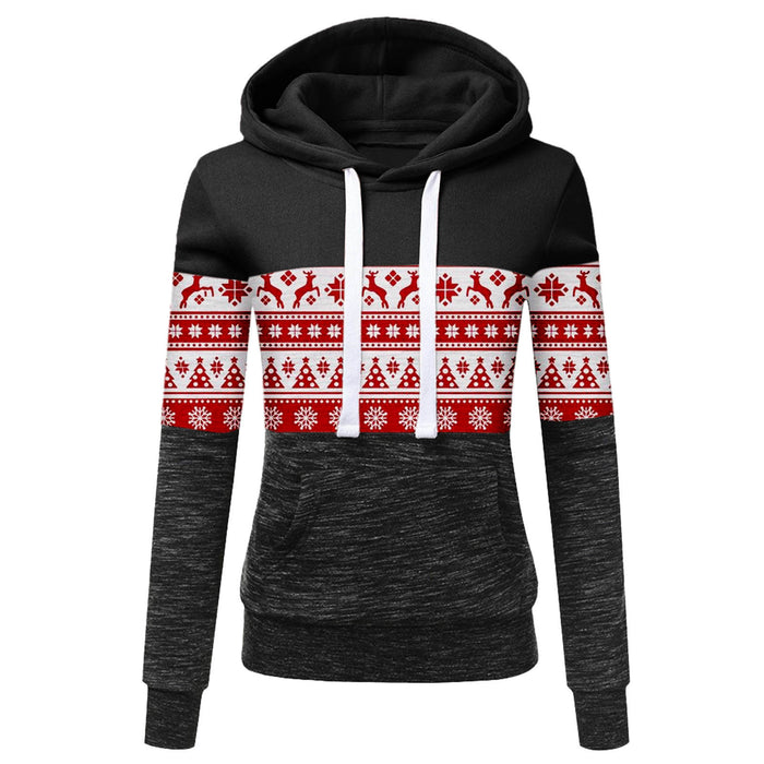 Autumn and Winter New Women's Clothing Christmas Print Color Matching Plus Fleece Hooded Sweater Women