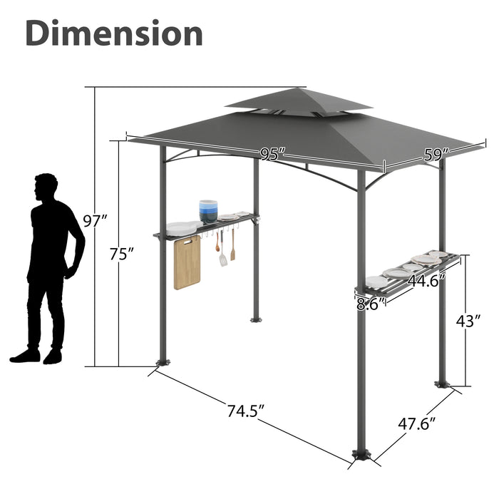 8 x 5 FT Grill Pergola Tent with Air Vent Double Tiered BBQ Gazebo Outdoor Barbecue Canopy, Khaki/Gray