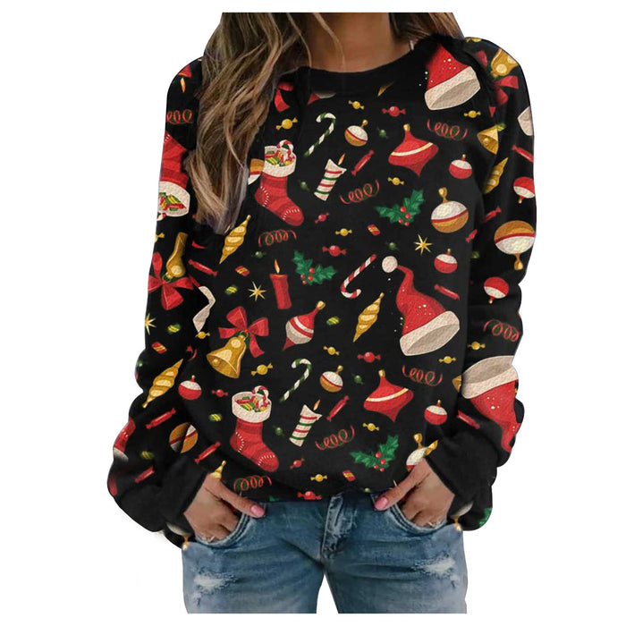 autumn and winter Christmas women's new sweater Christmas gift printed round neck long sleeve fleece sweater