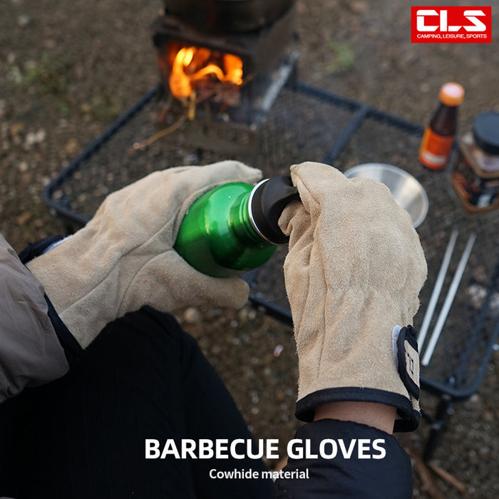 Outdoor picnic BBQ gloves camping fire barbecue cowhide heat insulation thickening wear pigskin breathable labor protection gloves